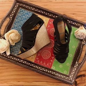 Platform glitter high heel black faux suede wedges